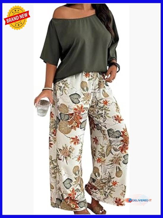 Pants - Plus Size 2 Piece Off Shoulder Top and Floral Pants Set Summer Vacation Outfits